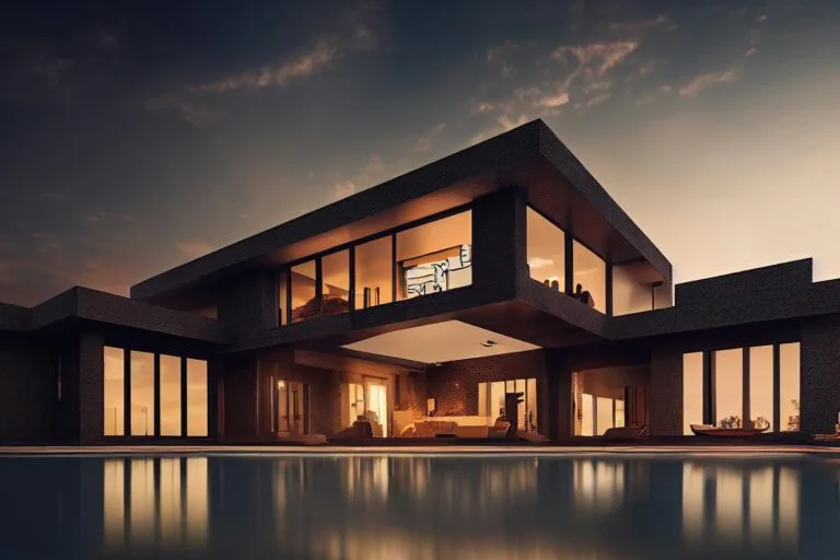 Villa contemporaine au coucher du soleil, piscine à débordement