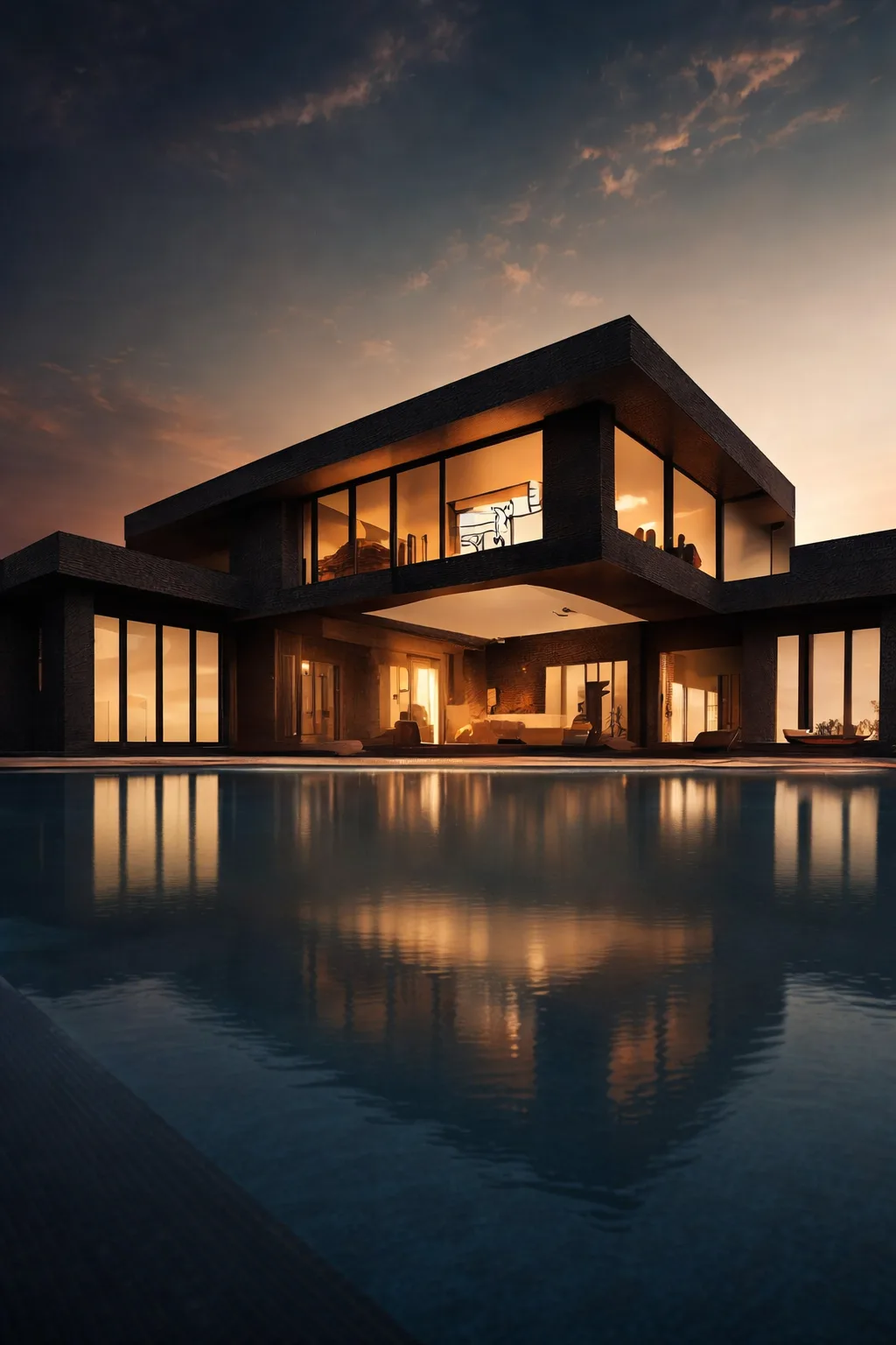Maison contemporaine éclairée se reflétant dans un bassin