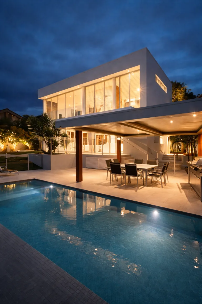 Terrasse couverte et piscine d'une villa au crépuscule