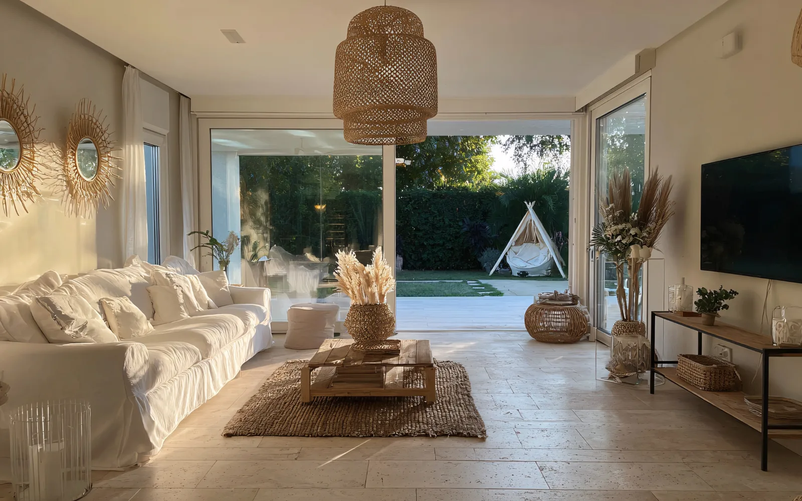 Salon blanc, suspension en rotin et ouverture sur la terrasse