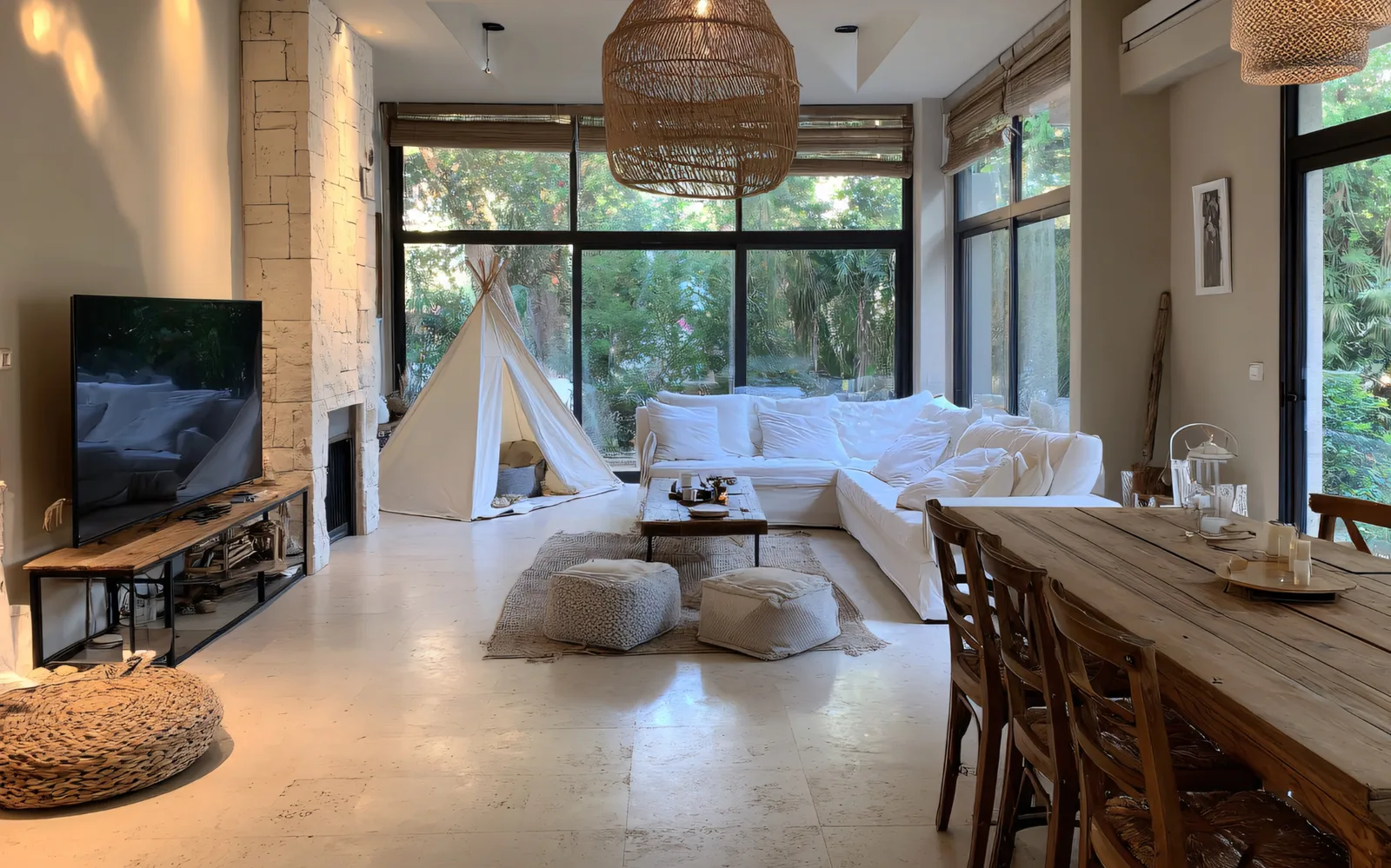Salle à manger ouverte sur le jardin par une baie d'angle