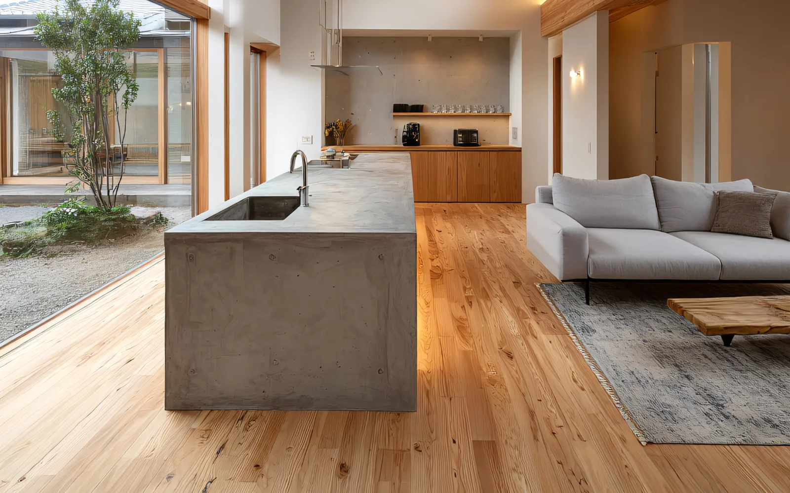 Cuisine ouverte avec îlot central et parquet