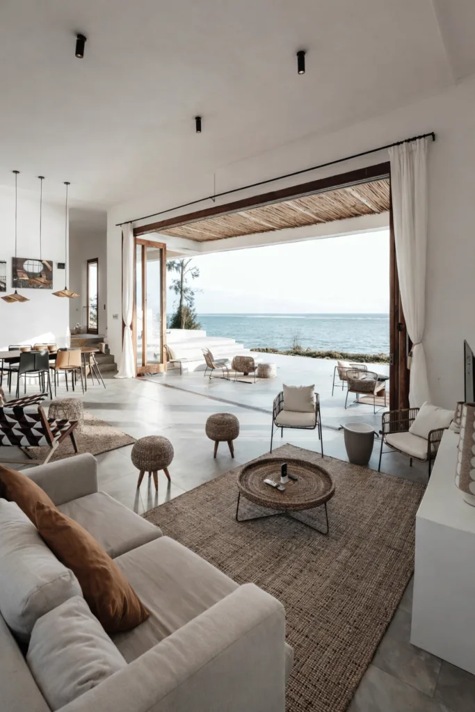 Séjour ouvert sur la mer, mobilier clair et grandes baies vitrées